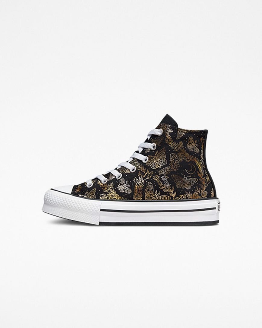 Girls' Converse Chuck Taylor All Star EVA Lift Butterfly Shine High Top Platform Shoes Black / Gold / White | AU 89463G